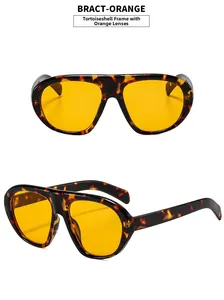 Detailed views of tortoiseshell frames with orange lenses in a retro oversized style