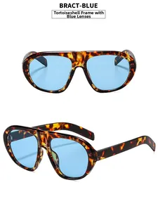 Detail of tortoiseshell oversized sunglasses with light blue lenses from two angles