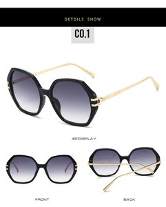 Détails de lunettes de soleil noires géométriques avec branches dorées et verres dégradés