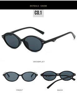 Collage of retro oval sunglasses showing front, side and back views with black frames