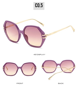 Détails de lunettes de soleil polygonales dégradées violettes avec branches dorées