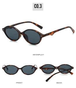 Three-angle views of tortoiseshell oval sunglasses with dark lenses and vintage texture