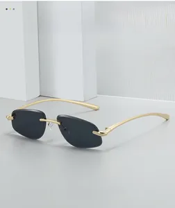 Detail of rimless polygon sunglasses with dark gray lenses and slim gold metal temples