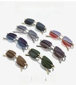 Multiple colors of rimless rectangular sunglasses with metallic temples on white background