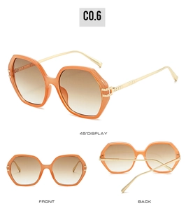 Vues détaillées de lunettes de soleil polygonales orange avec branches dorées et verres dégradés