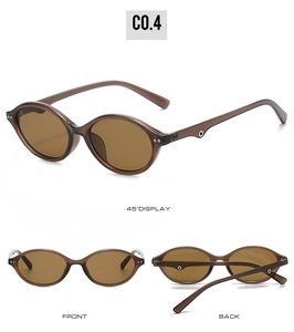 Three-angle display of retro oval sunglasses in translucent brown finish with metal rivets