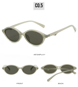Three-view display of translucent grey oval sunglasses showing front and side angles
