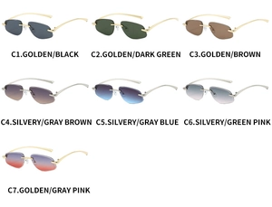 Matrix display of rimless polygon sunglasses with metal temples in seven color options