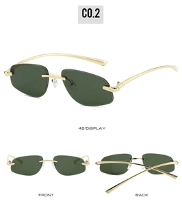 Three views of rimless polygon sunglasses with dark green lenses and golden metal frames