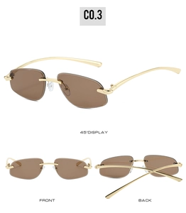 Three-angle display of rimless polygon sunglasses with gold metal temples and brown lenses