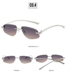 Three-view detail of rimless silver metal sunglasses with purple gradient lenses