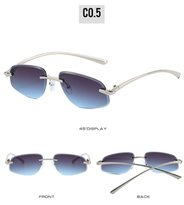 Three-view layout of rimless polygon sunglasses with gradient lenses and metal temples