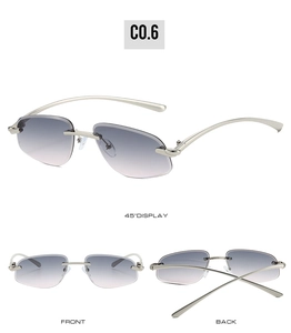 Three-view shot of rimless polygon sunglasses with silver metal legs and gradient lenses