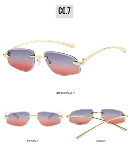 Detailed views of rimless polygon sunglasses with purple-red gradient lenses and gold temples