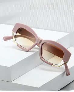 Detail of pink geometric glasses frame with gold metal accents and inner temple specs