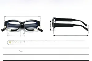 Detailed dimension guide for black irregular frame glasses with metal accents and size specs