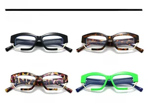 Matrix view of irregular oversized optical frames in black, leopard, and neon blue finishes