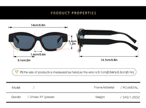 Detailed technical diagram showing precise measurements of black rectangle sunglasses
