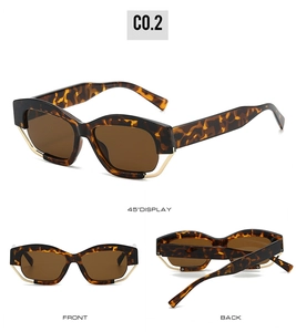 Three views of oversized tortoiseshell polygon sunglasses with gold metal wire details