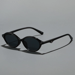 Retro black oval sunglasses with silver metal ring accent on the temples