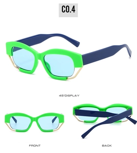 Three-view display of geometric green and gold sunglasses with blue translucent lenses