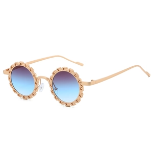 Lunettes de soleil rondes fleur chic avec monture chaîne dorée et verres dégradés bleus