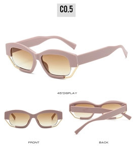 Three perspectives of polygon sunglasses with dusty pink frames and brown gradient lenses