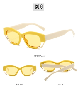 Front, back and 45-degree side view of polygon sunglasses with yellow chunky frames