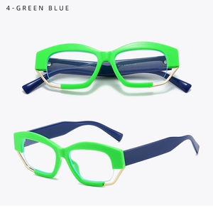 Macro view of geometric green and blue contrast eyeglasses frame with gold metal accents