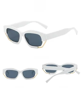 Three-angle view of white chunky polygon sunglasses with gold metallic trim and grey lenses