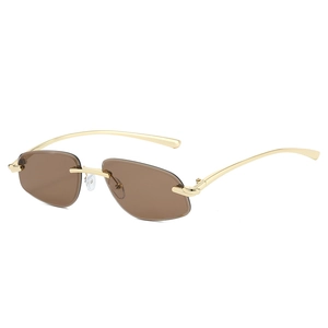 Retro polygon rimless sunglasses with brown lenses and golden metal frames for women