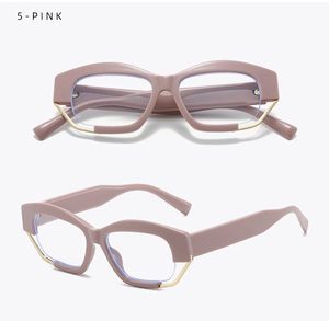 Detail view of pink irregular geometric frame glasses with anti-blue light coated lenses