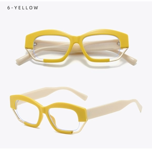 Detail of yellow and beige thick frame glasses with blue light blocking lenses