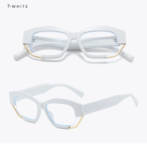 Detailed views of white geometric frames with gold metal accents and matte finish