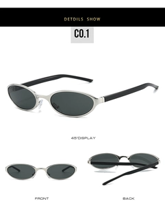 Trois perspectives de lunettes de soleil œil-de-chat ovales avec monture métal argenté
