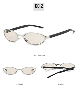 Trois vues de lunettes de soleil ovales argentées futuristes avec branches noires