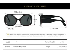 Size guide for oversized Y2K sunglasses with frame width and lens height dimensions