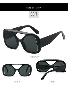 Three-angle display of chunky black Y2K sunglasses with wide frames and thick temples