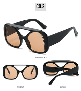 Three-view layout of black oversized Y2K sunglasses with orange lenses and flat top bar