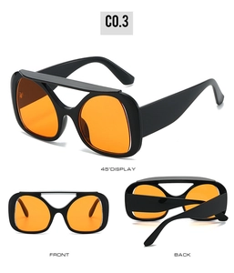 Detailed views of oversized Y2K sunglasses with black frames and orange lenses