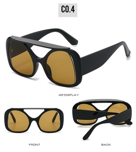Detailed views of oversized Y2K sunglasses with black frames and yellow tinted lenses