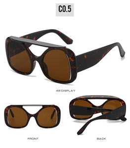 Detail view of oversized tortoiseshell Y2K sunglasses with brown lenses from three angles