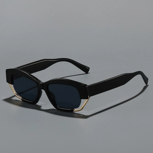 Fashionable polygonal oversized black sunglasses with stylish gold metal trim on frames