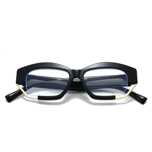 Irregular black and gold geometric frame glasses with blue light blocking lenses