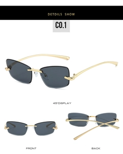 Trois vues de lunettes de soleil œil de chat sans monture avec verres gris et branches or