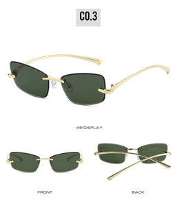 Vue détaillée multi-angles de lunettes de soleil œil-de-chat sans monture à verres verts