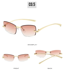 Détails sous trois angles de lunettes de soleil œil de chat sans monture aux verres dégradés