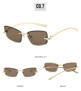 Trois vues de lunettes de soleil œil-de-chat sans monture avec verres bruns et branches or