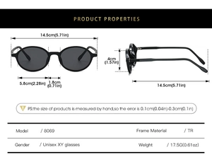 Detailed size chart for retro TR90 oval sunglasses showing weight and frame dimensions