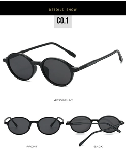 Detail view of black TR90 round sunglasses showing front, back and 45-degree angle views